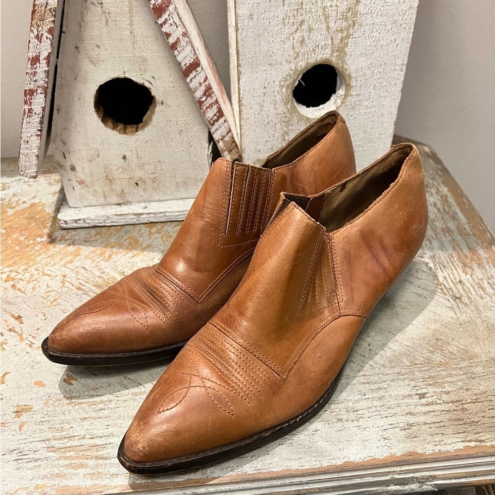 Circle S Womens‎ Vintage Tan Leather Western Ankle Boots Size 9.5 M